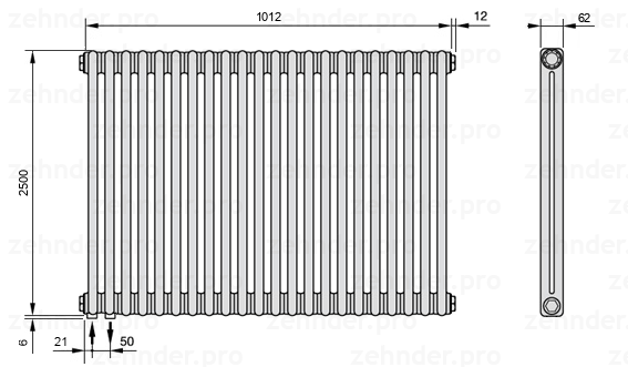 Схема (чертеж) Радиатор Zehnder Charleston 2250/22 №3370 Белый глянцевый RAL 9016